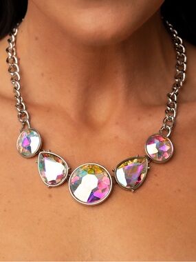All The Worlds My Stage - Multi Color Iridescent Statement Necklace & Earrings